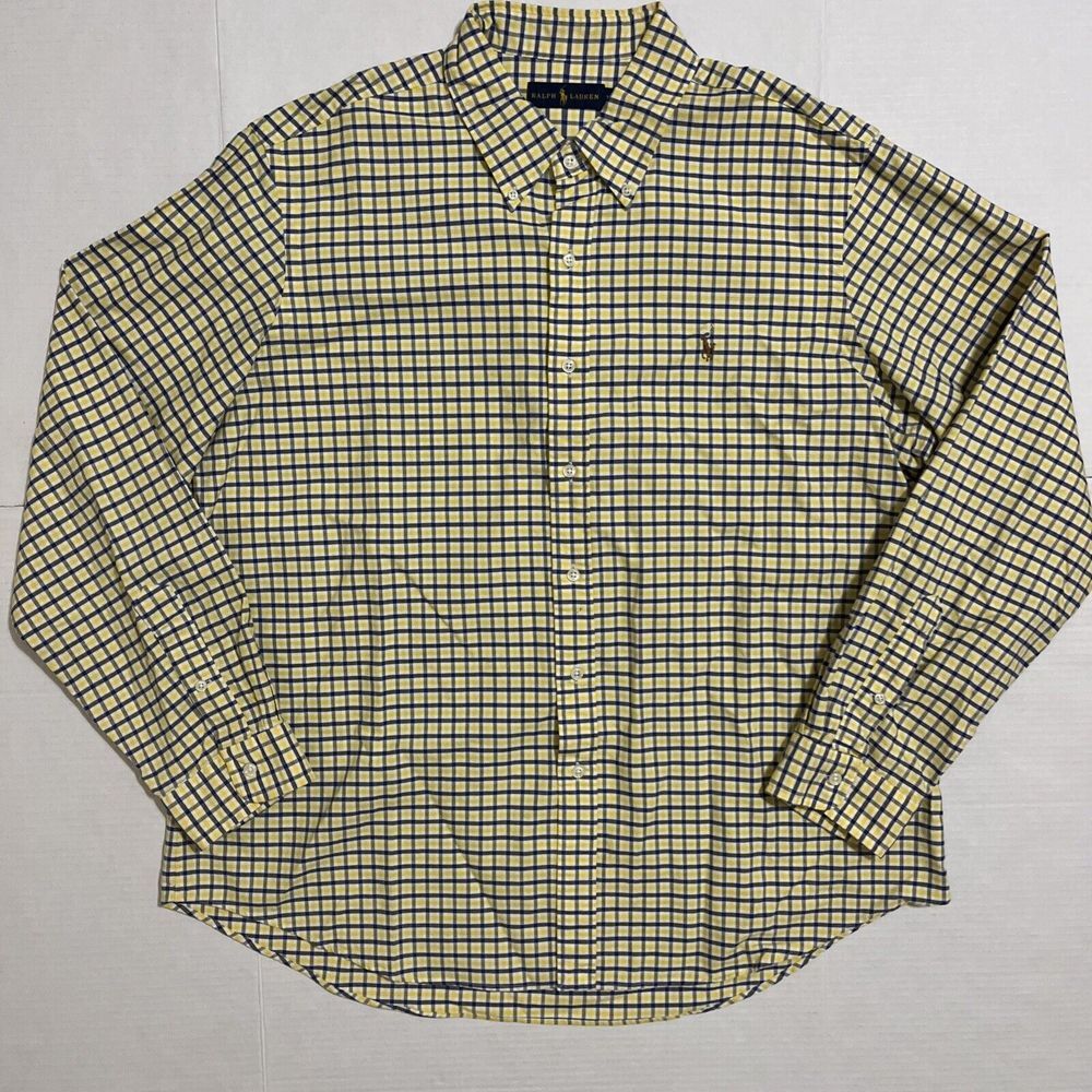 Polo Ralph Lauren Yellow Blue Plaid Oxford Button Down Shirt Sz 2XL Flesh Pony - Picture 2 of 12